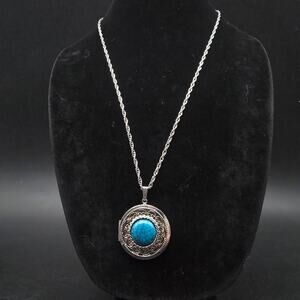 Faux Turquoise Locket Pendant Necklace Vintage Costume Jewelry